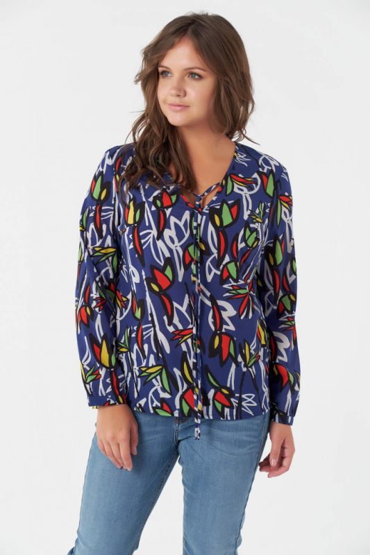 Large size chiffon blouse with print on blue