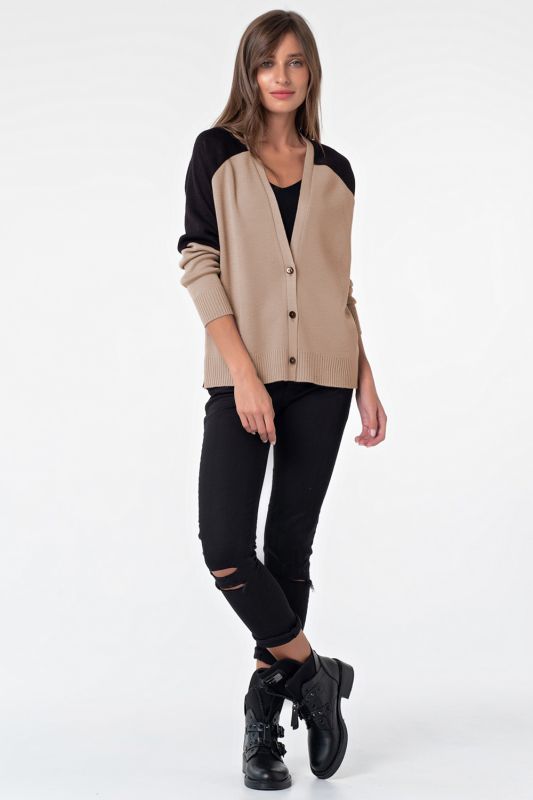 Cardigan knitted loose short buttoned cardigan black and beige