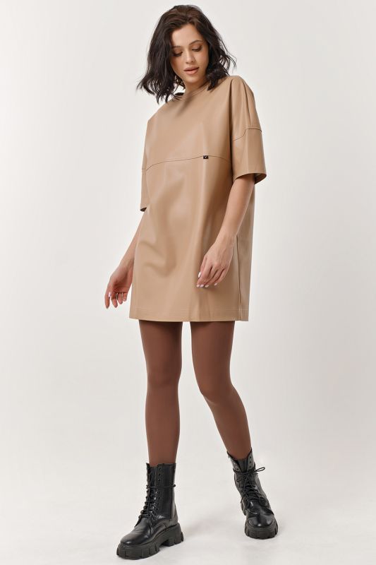 Beige eco leather T-shirt dress