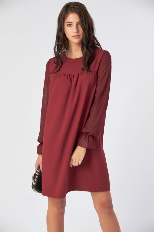 Light straight dress with chiffon sleeves burgundy