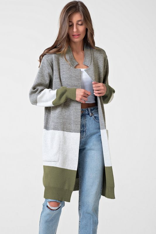 Long striped knitted cardigan in gray-green