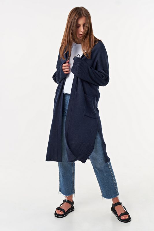 Knitted straight long cardigan with pockets blue