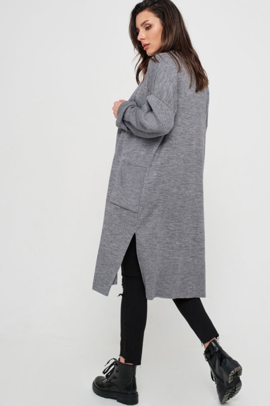 Knitted straight long cardigan with pockets gray melange