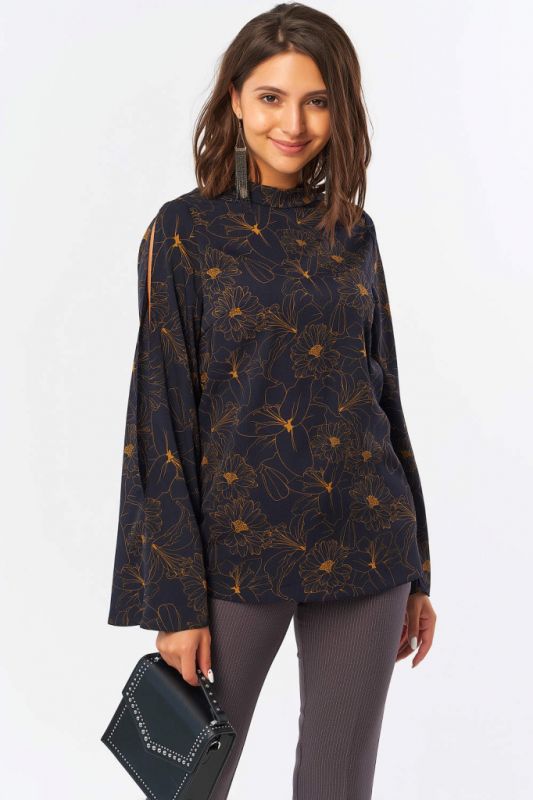 Straight blouse with wide sleeve with floral print on navy blue