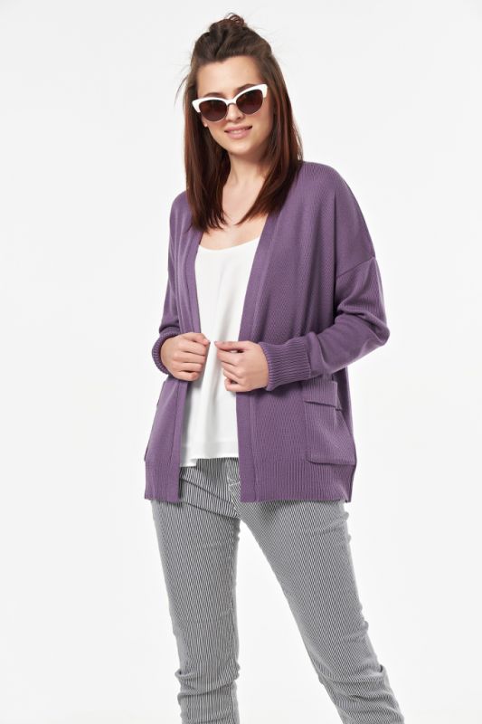 Cardigan knitted loose short with pockets purple