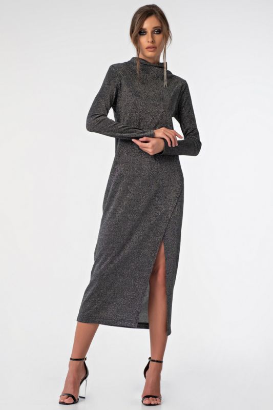 Silver-black knitted midi dress with leg slit