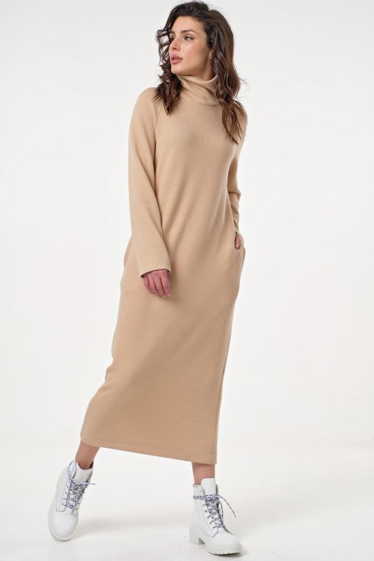 Long knitted wool blend dress with neck beige