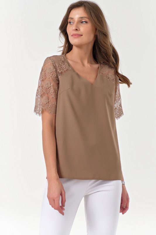 Straight blouse with lace beige