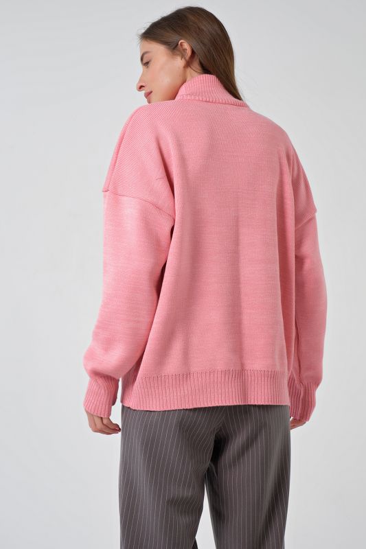 Sweater knitted warm over-size sweater with high neck pink melange