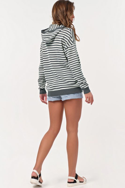 Striped hooded knitted sweater in gray-white