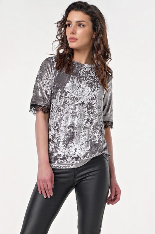 Short Sleeve Velvet Straight Blouse in gray