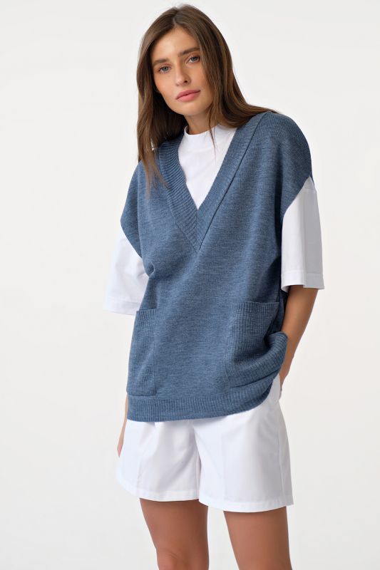 Oversize v-neck knit vest denim melange