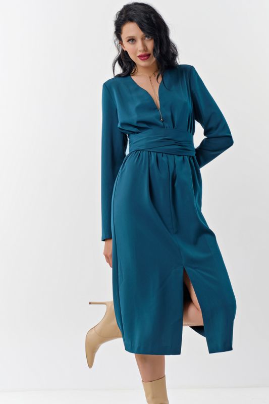 Casual long sleeve midi dress in turquoise