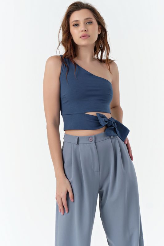 Indigo one shoulder knit cropped top