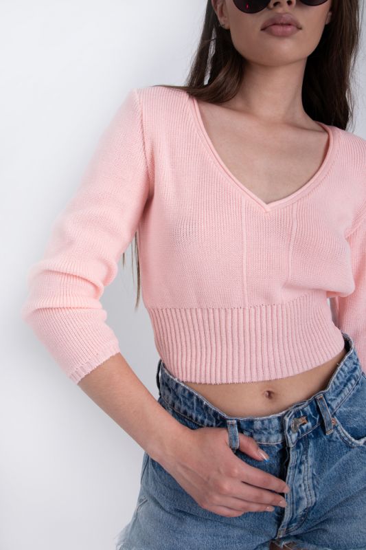 Crochet short v-neck sweater in pink