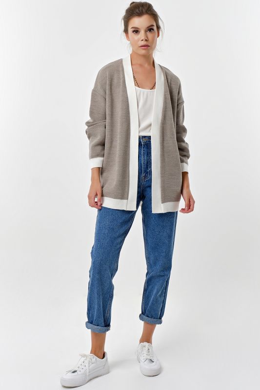 Voluminous cardigan without a clasp dark beige