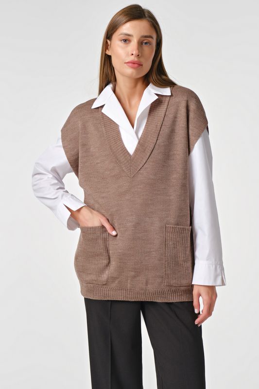 Beige m_lange v-neck crochet over-size vest