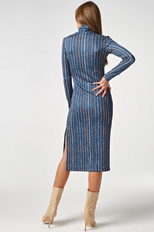 Long sleeve striped knitted midi dress on blue