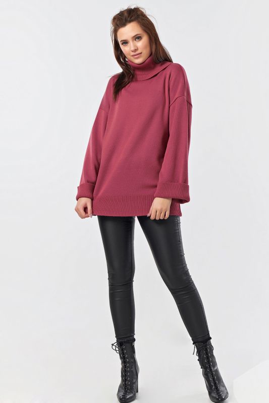 Long knitted sweater with high neck in lingonberry color