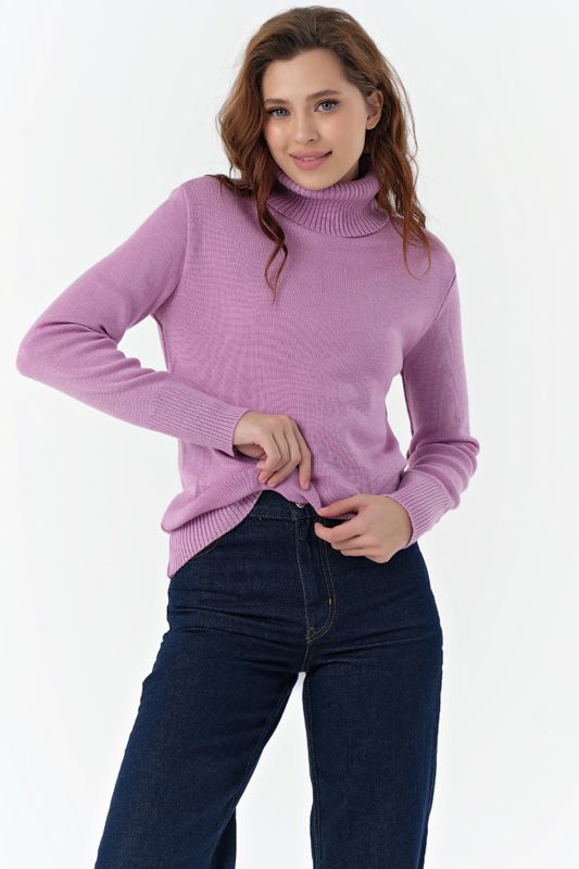 Long sleeve knitted turtleneck sweater made of wool in soft lilac color