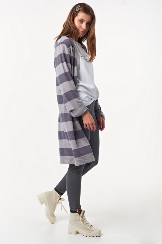 Long striped knitted cardigan in gray purple