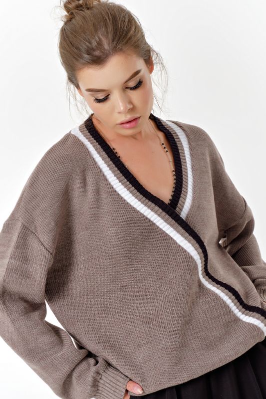 Cappuccino cotton off-shoulder knitted pullover with over-sleeves