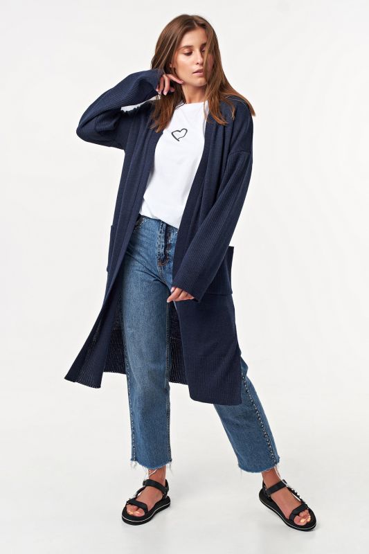 Knitted straight long cardigan with pockets blue