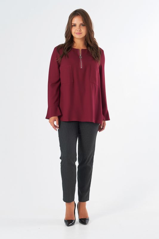 Long sleeve office blouse in burgundy color