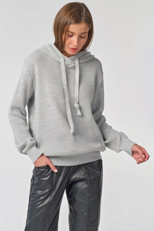 Light gray cotton hooded knitted over-size sweater with overhang