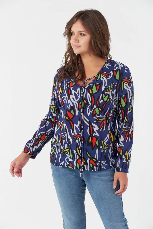 Large size chiffon blouse with print on blue