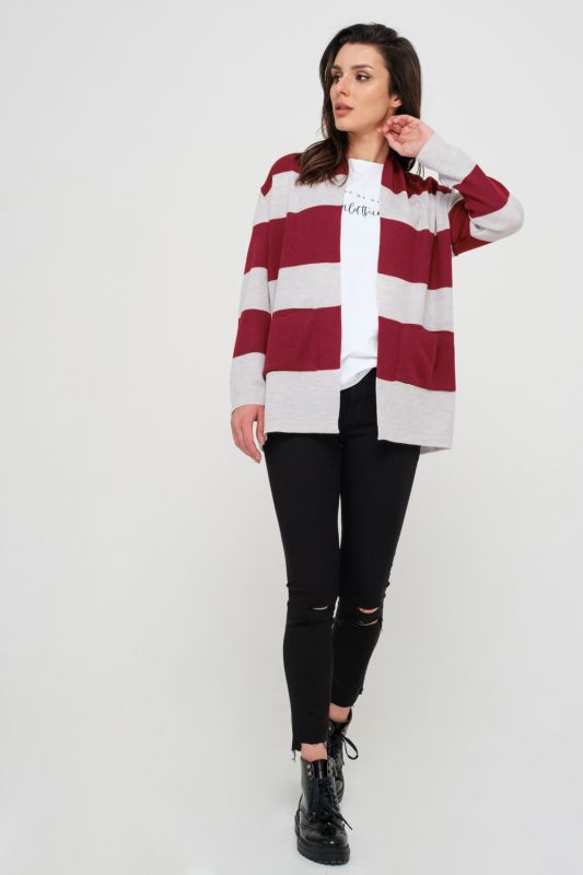 Straight striped knitted cardigan in burgundy