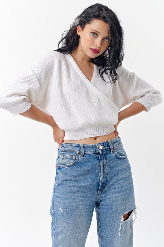 Short cotton sweater in white