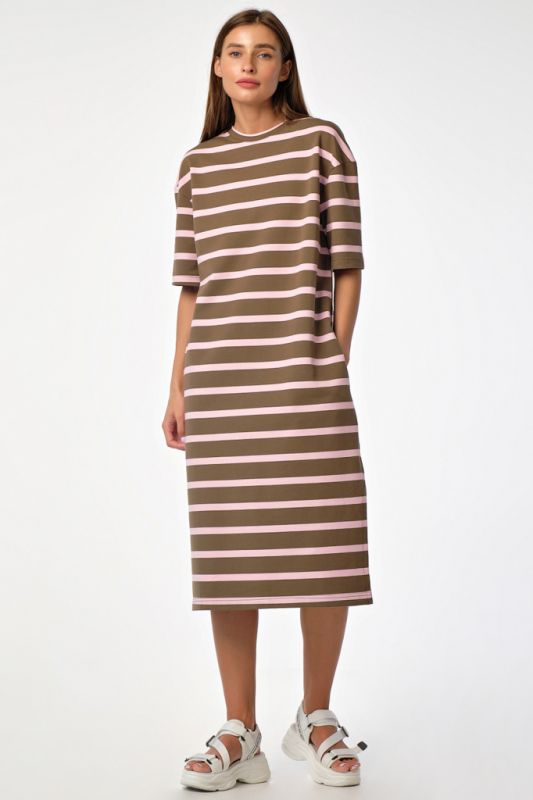 Khaki striped futer fleece straight midi dress