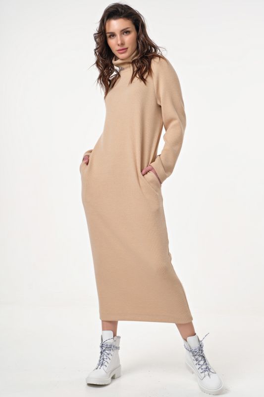 Long knitted wool blend dress with neck beige