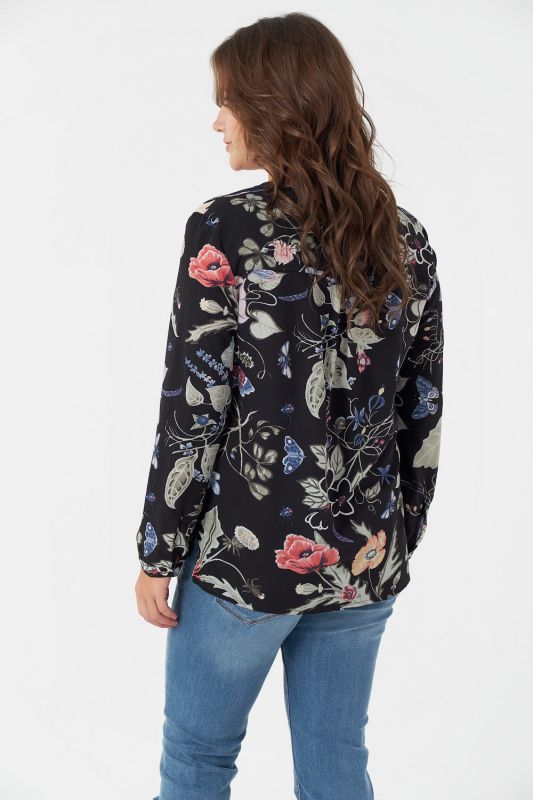 Large size chiffon blouse with floral print on black