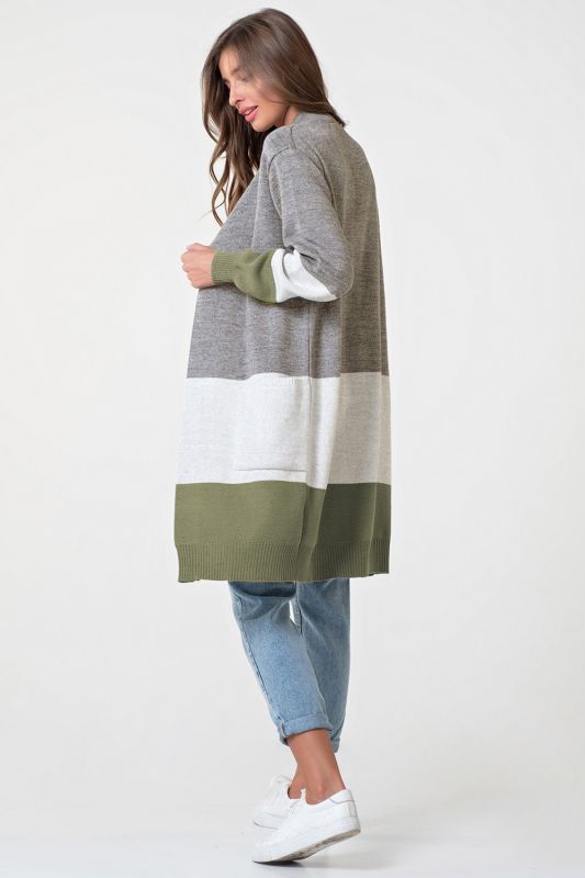 Long striped knitted cardigan in gray-green