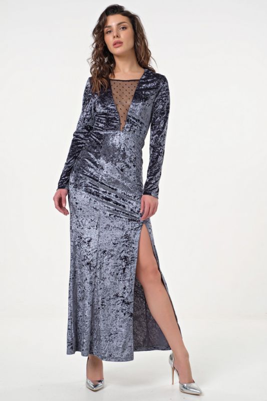 Long velvet evening dress with mesh insert smoky blue