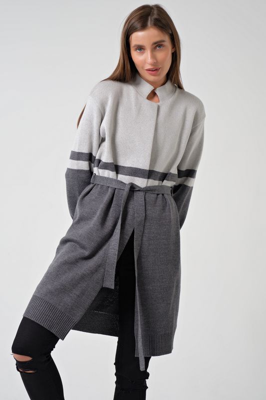 Long knitted cardigan with belt gray