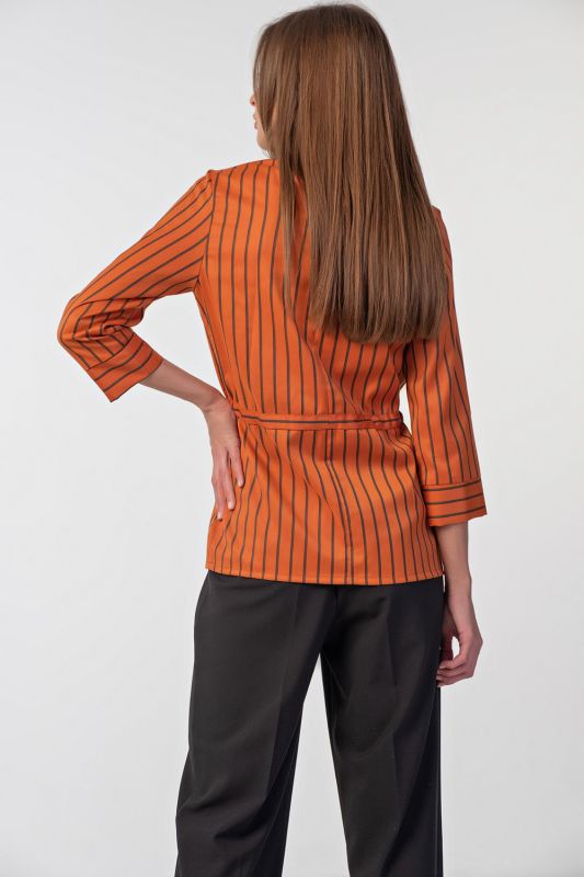 Straight blouse with stand collar with striped collar on orange