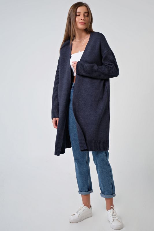 Knitted over-size long cardigan without button blue