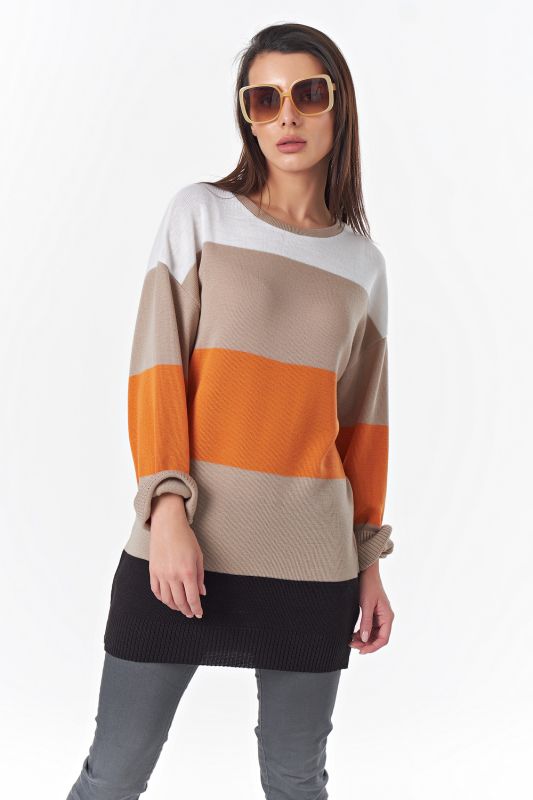 Beige-orange striped warm knitted over-size tunic