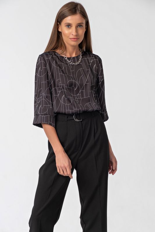 Straight blouse without collar with print on black