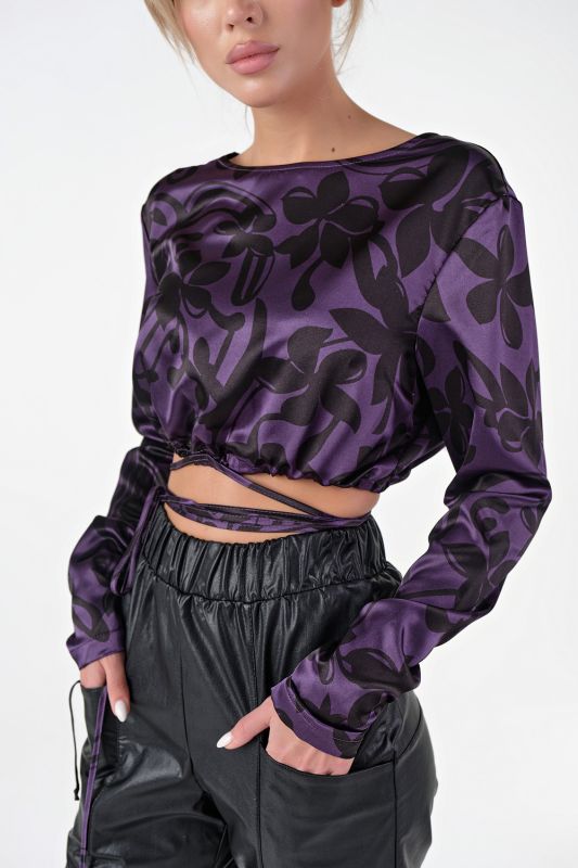 Short blouse with waist ties with print on purple