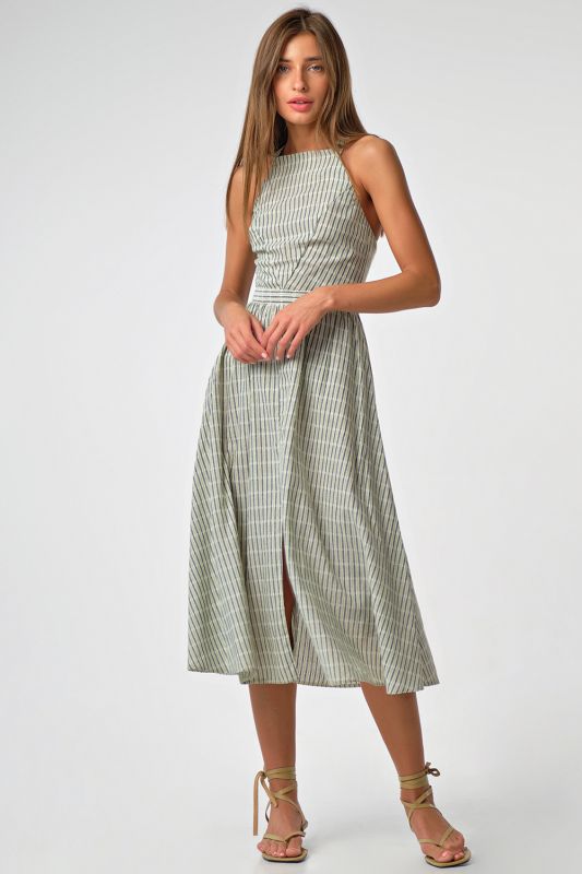Open back cotton striped sarafan in green