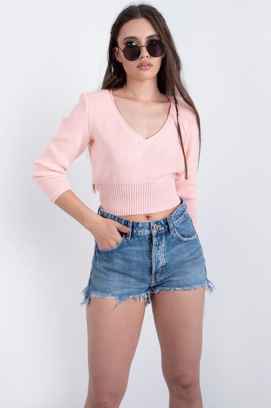 Crochet short v-neck sweater in pink