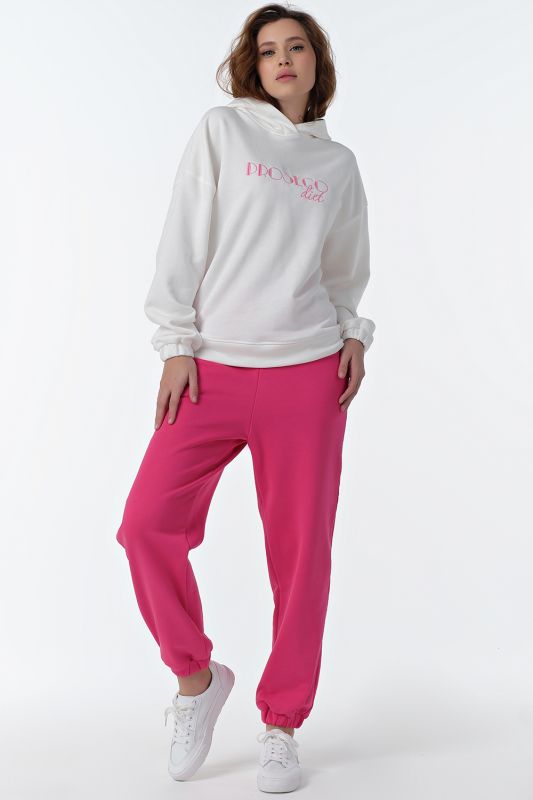 Sporty knitted pants suit with cotton hoodie white-pink