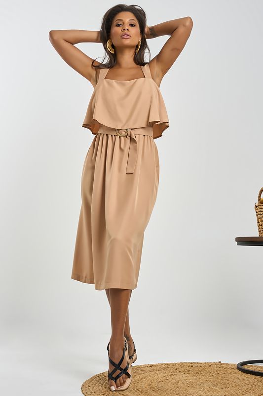 Sandy summer midi dress with flounce on the chest