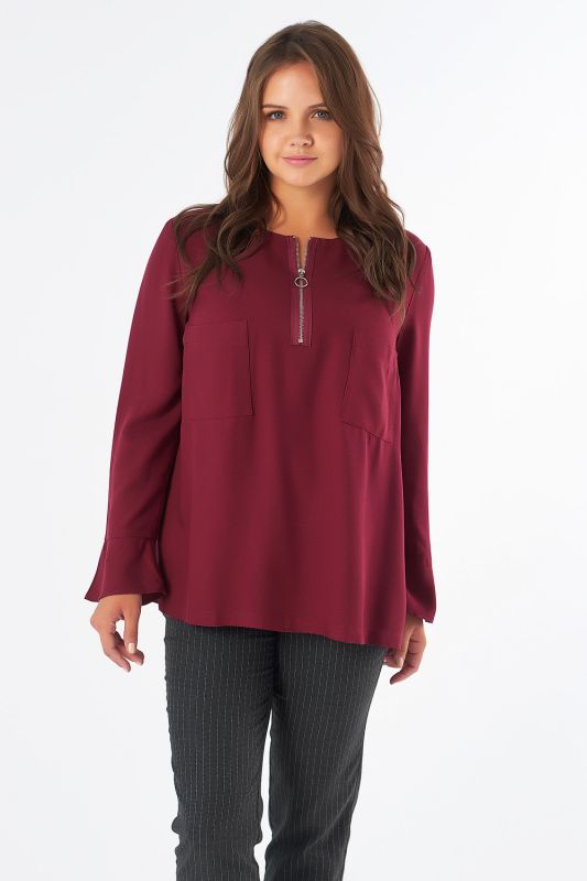 Long sleeve office blouse in burgundy color