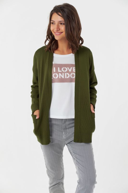 Knitted loose short cardigan with pockets olive color