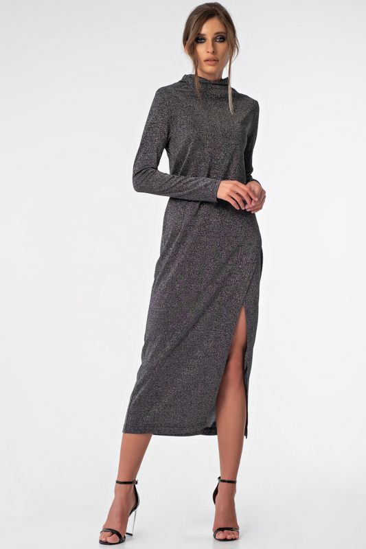 Silver-black knitted midi dress with leg slit